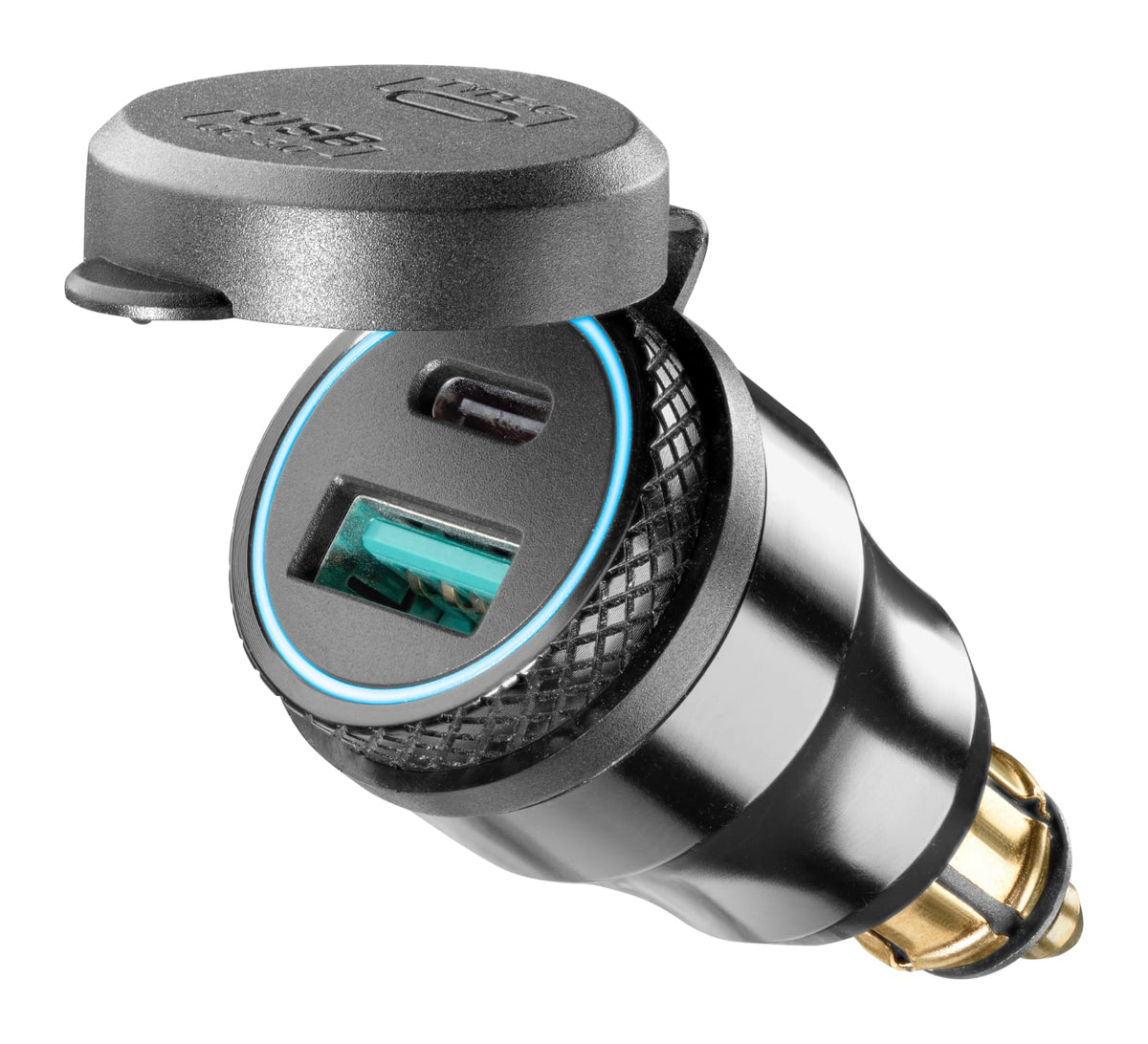 Interphone Adattatore DIN 2 USB ACCDIN2USBTYPEC: vista di tre quarti con tappo aperto
