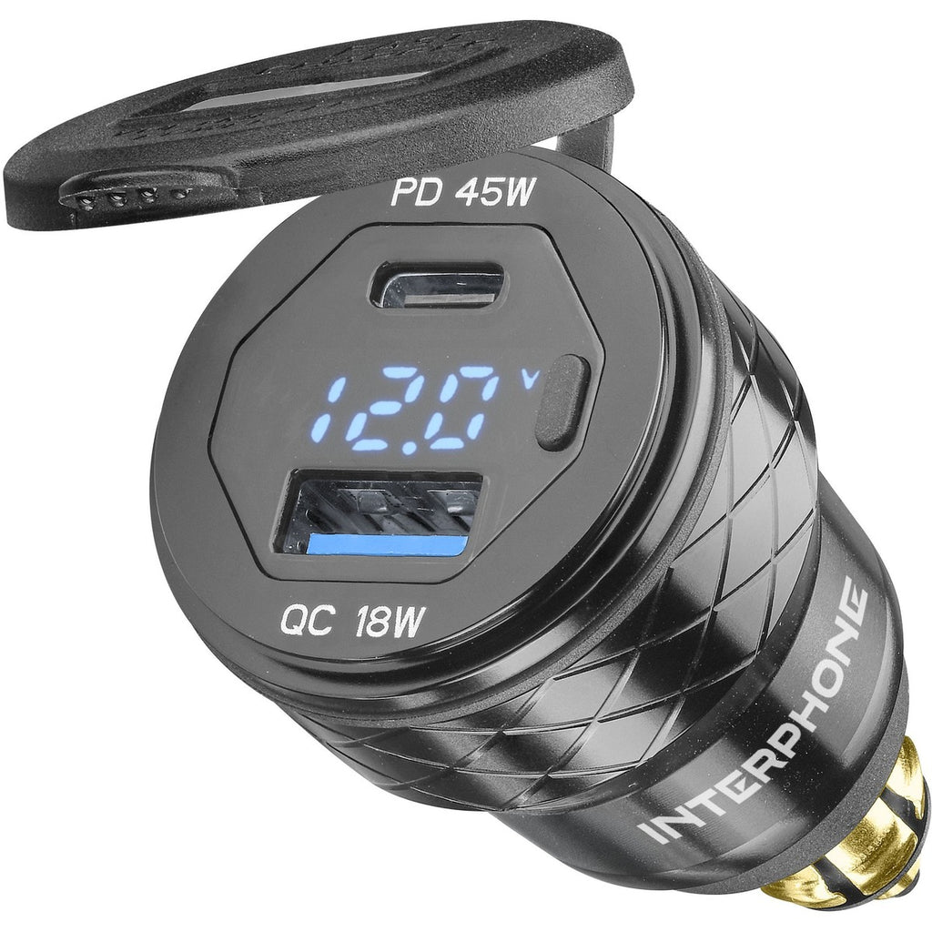 Interphone ACCDIN2USBACVOLT adattatore presa DIN con USB-C, USB-A e voltmetro, coperchio aperto