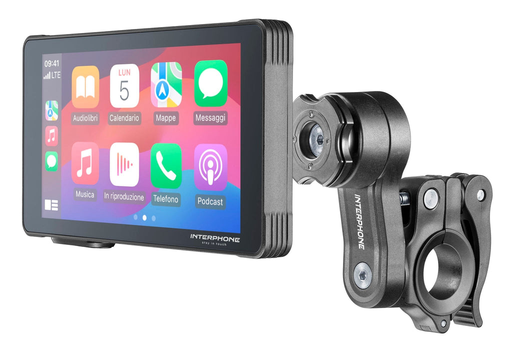 Interphone RideSync Display Moto Apple CarPlay e Android Auto 5,5" INTERPHORIDESYNC: display con supporto da manubrio, vista 3/4