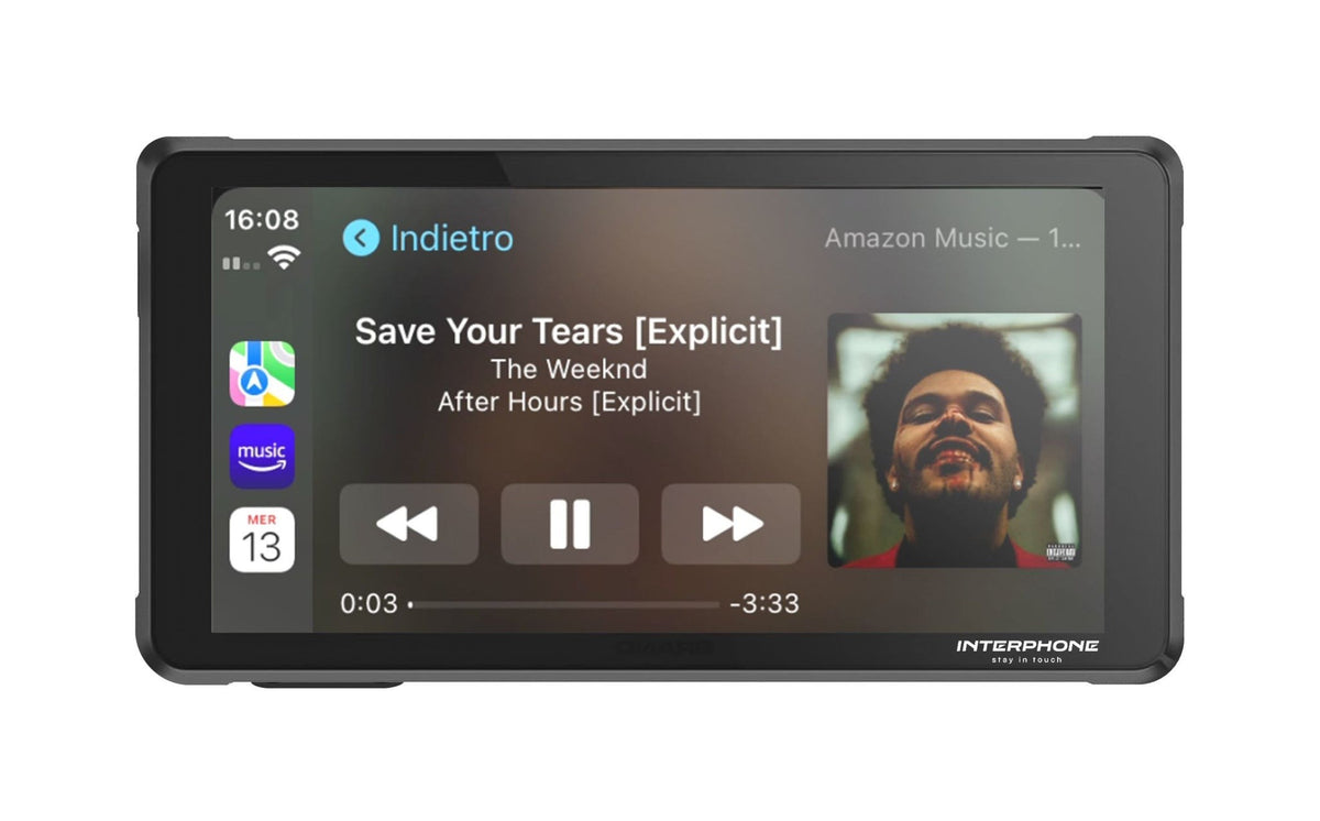 Interphone RideSync Display Moto Apple CarPlay e Android Auto 5,5" INTERPHORIDESYNC: vista frontale display acceso (schermata musica)