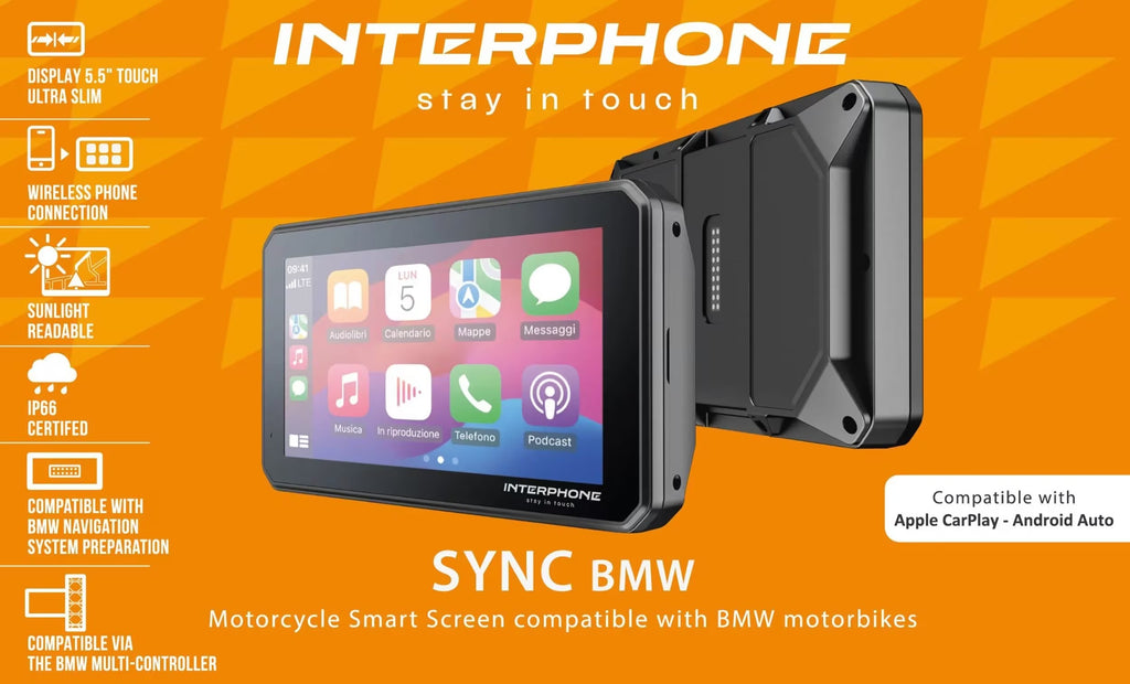 Interphone Sync 55 BMW Display Moto 5,5" INTERPHOSYNC55B: grafica promo Sync BMW con icone funzioni