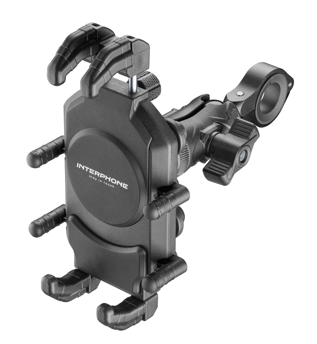 Interphone Crab Rugged Pro Supporto Telefono Moto Antivibrazione SMCRABRUGGEDPRO: vista di tre quarti con supporto manubrio