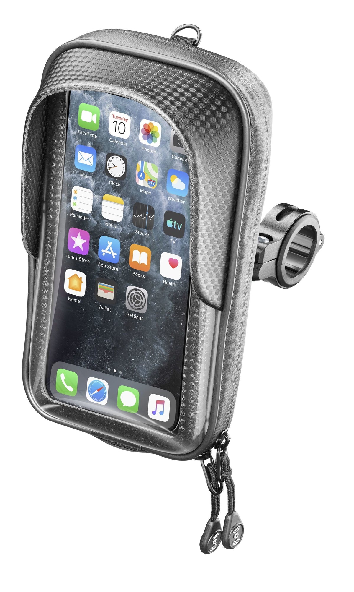 Interphone Master Pro Custodia Moto con Zip per Telefono fino a 6,7" SMMASTERPRO: custodia morbida con telefono, vista frontale con staffa