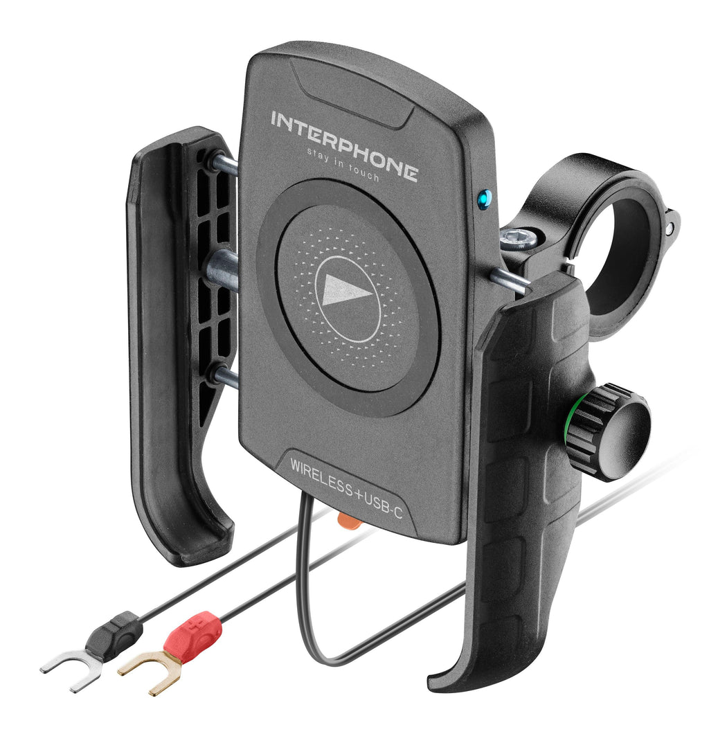 Interphone Crab Wireless Supporto Telefono Moto con Ricarica Qi 15 W e USB SMWIRELESSC25: vista di tre quarti con cavi