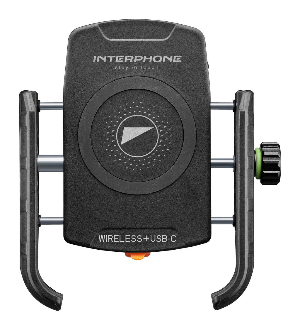 Interphone Crab Wireless Supporto Telefono Moto con Ricarica Qi 15 W e USB SMWIRELESSC25: vista frontale con piastra wireless