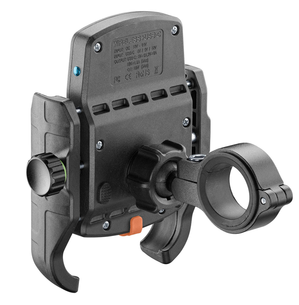 Interphone Crab Wireless Supporto Telefono Moto con Ricarica Qi 15 W e USB SMWIRELESSC25: vista posteriore con morsetto