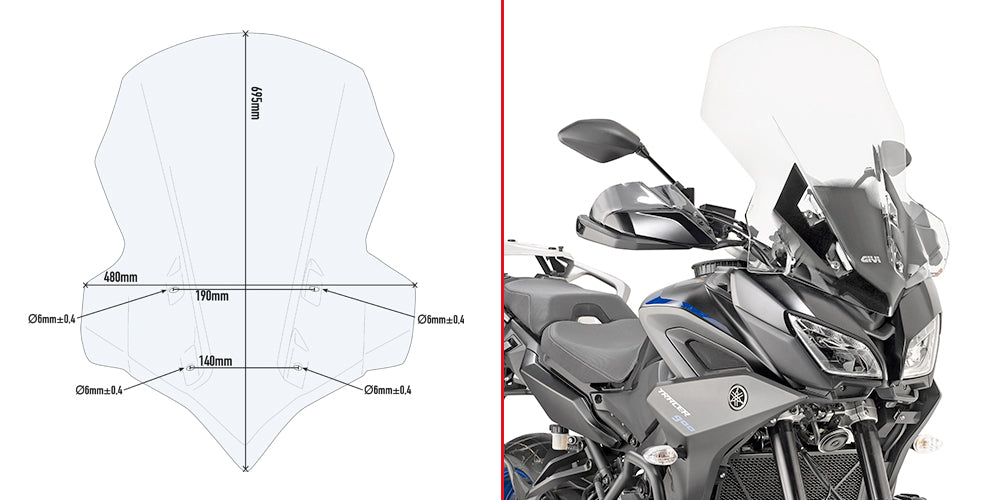 Cupolino Kappa 2139DTK trasparente 69,5x48 cm con quote e montato su Yamaha Tracer 900, foto ufficiale GIVI (codice gemello 2139DT)