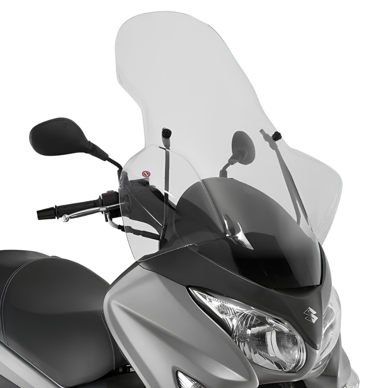 Parabrezza alto Kappa 3106DTK trasparente montato su Suzuki Burgman 125-200, vista frontale, foto del prodotto