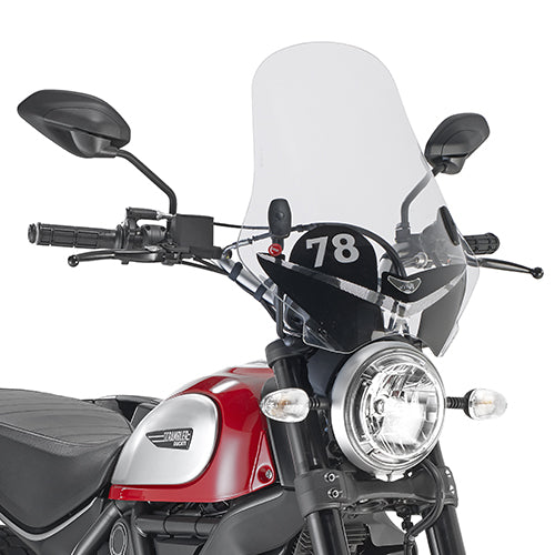 Cupolino 7407AS trasparente con serigrafia 78 montato su Ducati Scrambler, foto ufficiale GIVI