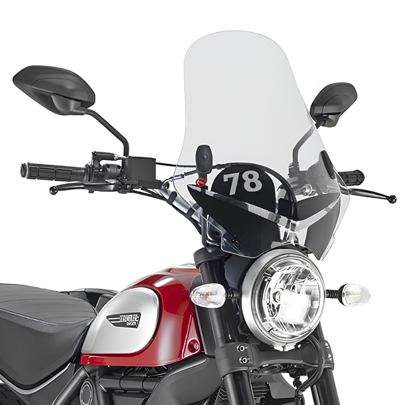 Ducati Scrambler Icon rossa con il cupolino Kappa 7407AS trasparente e serigrafia 78 montato, foto del prodotto
