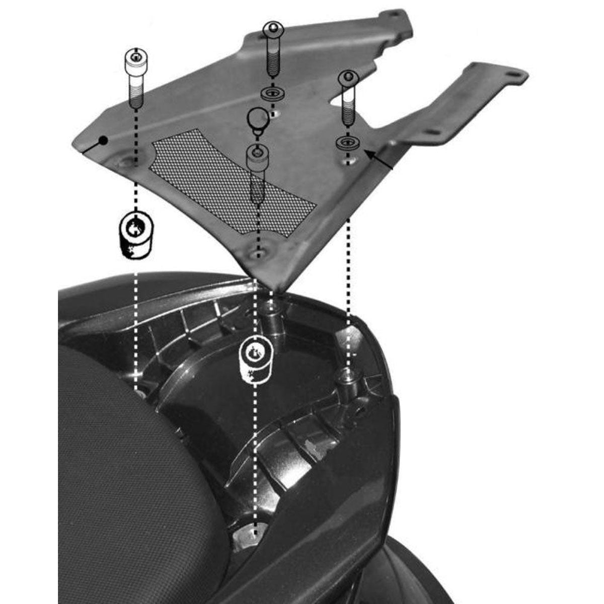 Attacco posteriore Kappa K331M con piastra Monolock per Yamaha Majesty 400, disegno di montaggio, bauletto non incluso