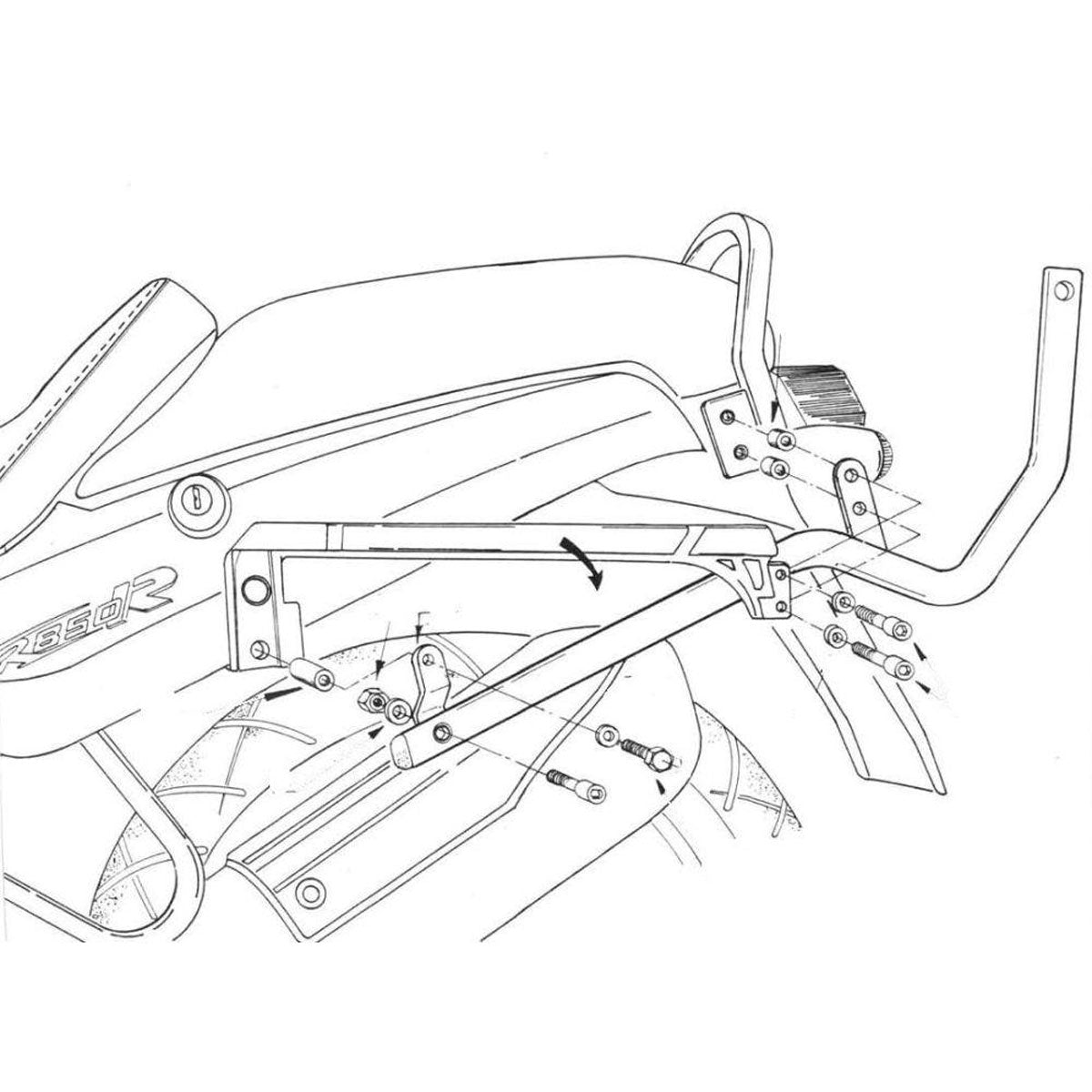 Attacco posteriore Kappa K6350 per BMW R 850 R e R 1100 R, disegno tecnico di montaggio, bauletto e piastra non inclusi