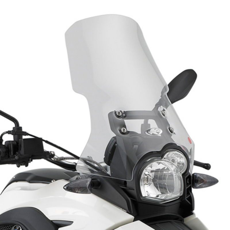 Cupolino Kappa KD5101ST trasparente montato sulla BMW G 650 GS bianca, vista frontale con le staffe di supporto
