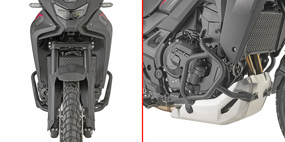 Kappa KN1222 paramotore nero visto di fronte e di lato sulla Honda XL 750 Transalp E-Clutch, foto del prodotto