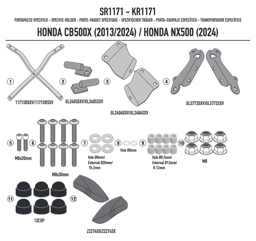Attacco posteriore Kappa KR1171 per Honda CB 500 X e NX 500, componenti della confezione, disegno tecnico ufficiale
