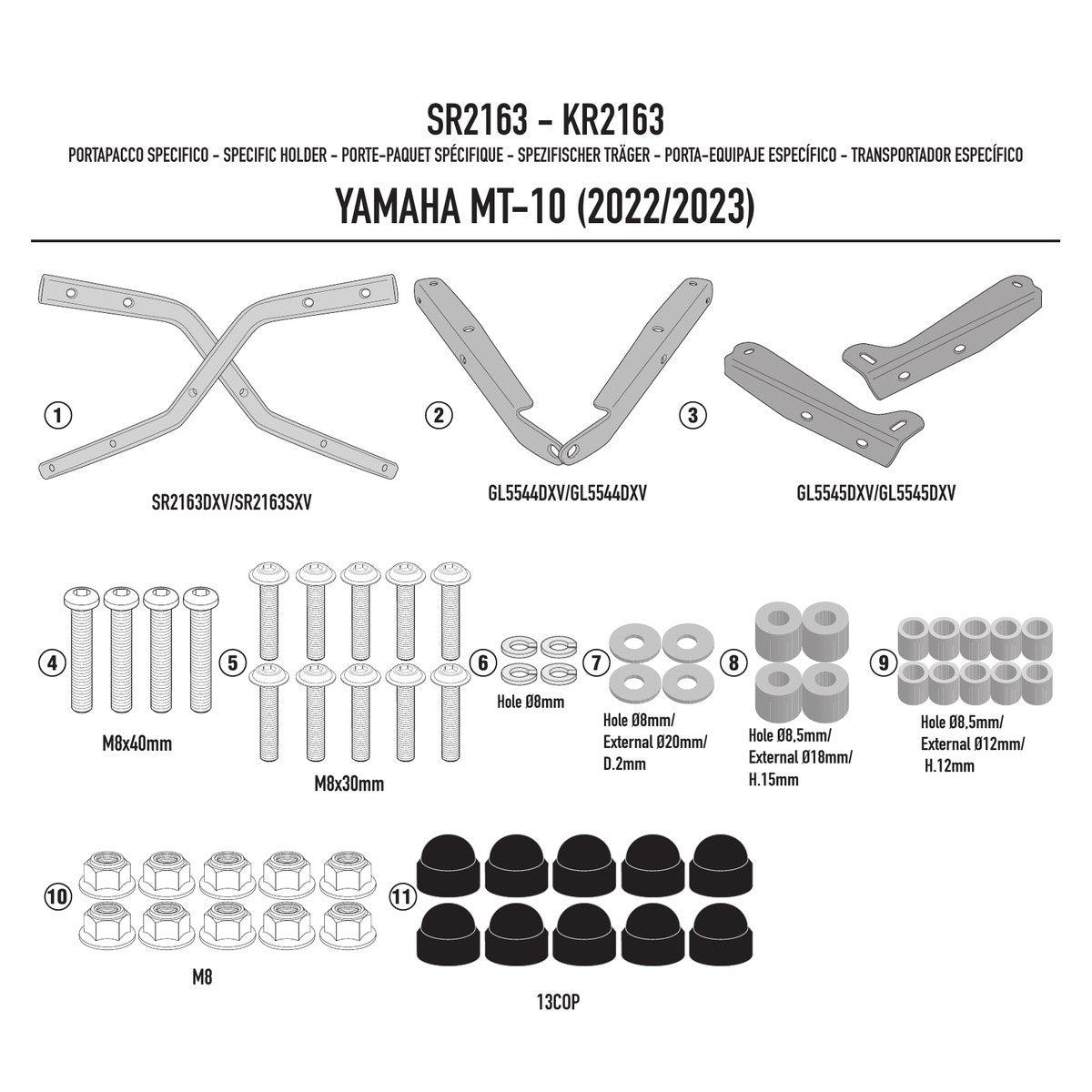 Disegno tecnico ufficiale dei componenti dell'attacco posteriore Kappa KR2163 per Yamaha MT-10, dalle istruzioni Kappa