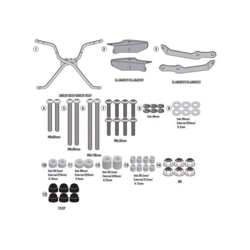 Attacco posteriore Kappa KR6118 per Kymco CV3 550, disegno tecnico dei componenti, bauletto non incluso