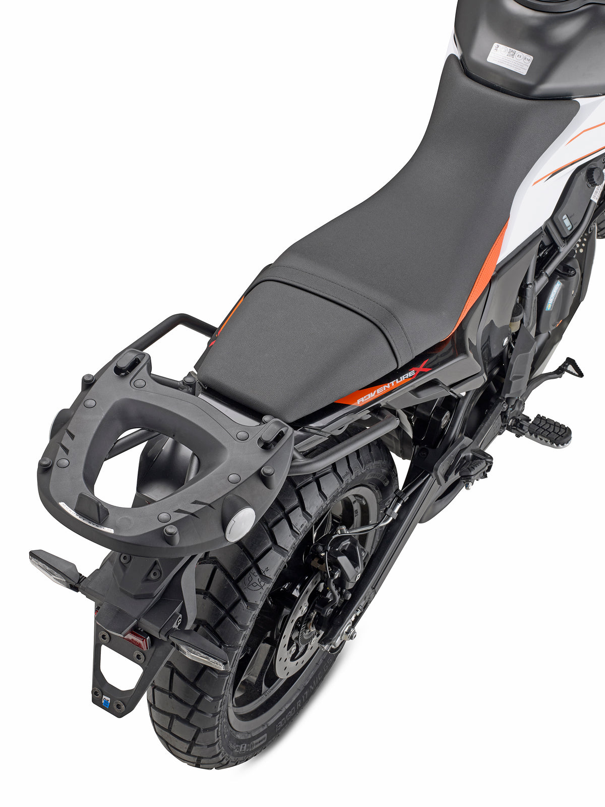 Attacco posteriore Kappa KR7718 nero montato su KTM 390 Adventure X con piastra MONOLOCK, bauletto non incluso, foto ufficiale Kappa
