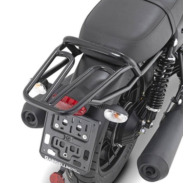 Attacco posteriore Kappa KR8201 nero lucido montato su Moto Guzzi V7 III, bauletto non incluso, foto del prodotto