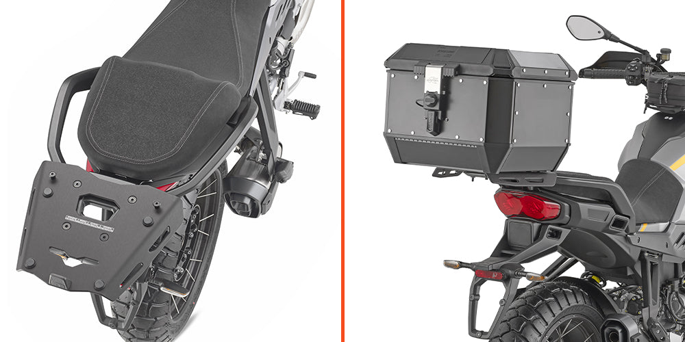 Attacco posteriore Kappa KRA8208 in alluminio nero per Moto Guzzi Stelvio 1000 montato sulla moto, bauletto non incluso, foto ufficiale Kappa