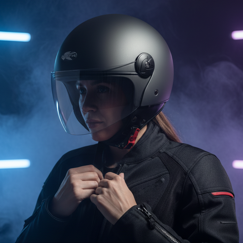 Ragazza che allaccia la giacca indossando il casco Kappa KV40 Hawaii, luci al neon