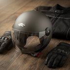 Casco Kappa KV40 Hawaii titanio opaco appoggiato accanto a giacca e guanti da moto