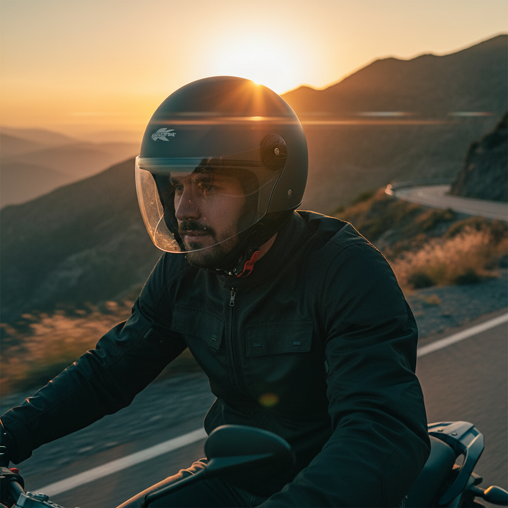 Motociclista in strada di montagna al tramonto con il casco Kappa KV40 Hawaii