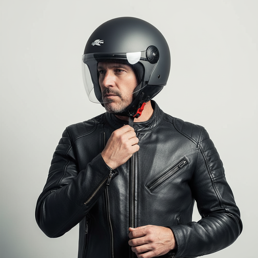 Motociclista con giacca in pelle indossa il casco Kappa KV40 Hawaii, visiera alzata