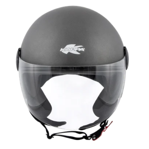 Casco demi-jet Kappa KV40 Hawaii titanio opaco visto di fronte, visiera abbassata