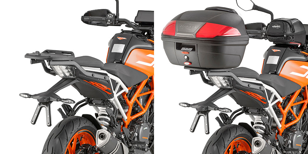 Attacco posteriore Kappa KZ7707 montato sulla KTM Duke, senza e con bauletto non incluso, foto ufficiale Kappa
