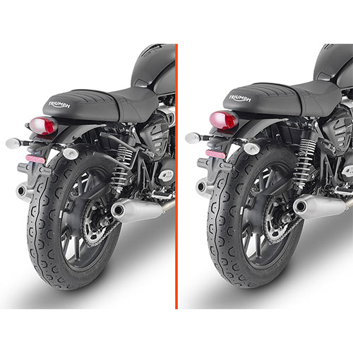 Kappa TR6407K telaietti REMOVE-X neri sul fianco posteriore della moto Triumph, dettaglio, foto ufficiale Kappa