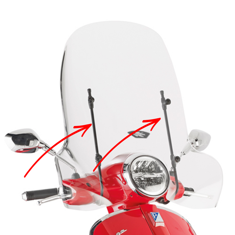 Kit attacchi Kappa A104AK: i montanti verticali indicati dalle frecce reggono il parabrezza 104AK sulla Vespa