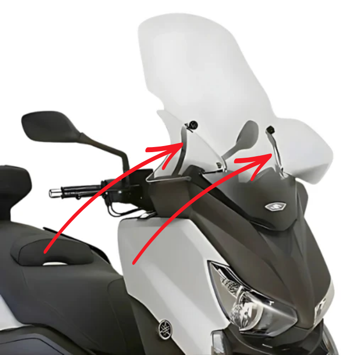 Kit attacchi Kappa D2111KITK: le frecce indicano gli attacchi del parabrezza 2111DTK sullo Yamaha X-Max, il parabrezza non è incluso