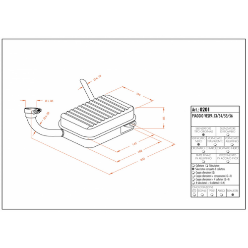 Disegno tecnico quotato della marmitta Sito 0201 per Piaggio Vespa 53/54/55/56 con le misure