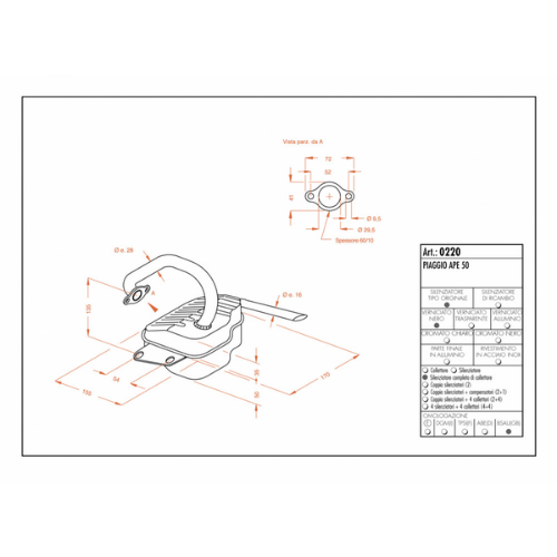 Disegno tecnico quotato LeoVince dell'articolo 0220, con le misure del collettore e della flangia di scarico