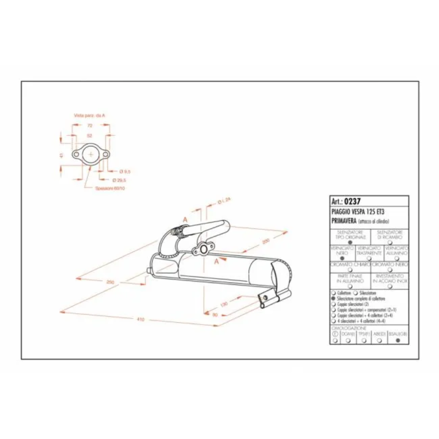 Scheda tecnica LeoVince Sito 0237: marmitta completa di collettore per Vespa 125 ET3 e 125 Primavera, quote e omologazione BSAU