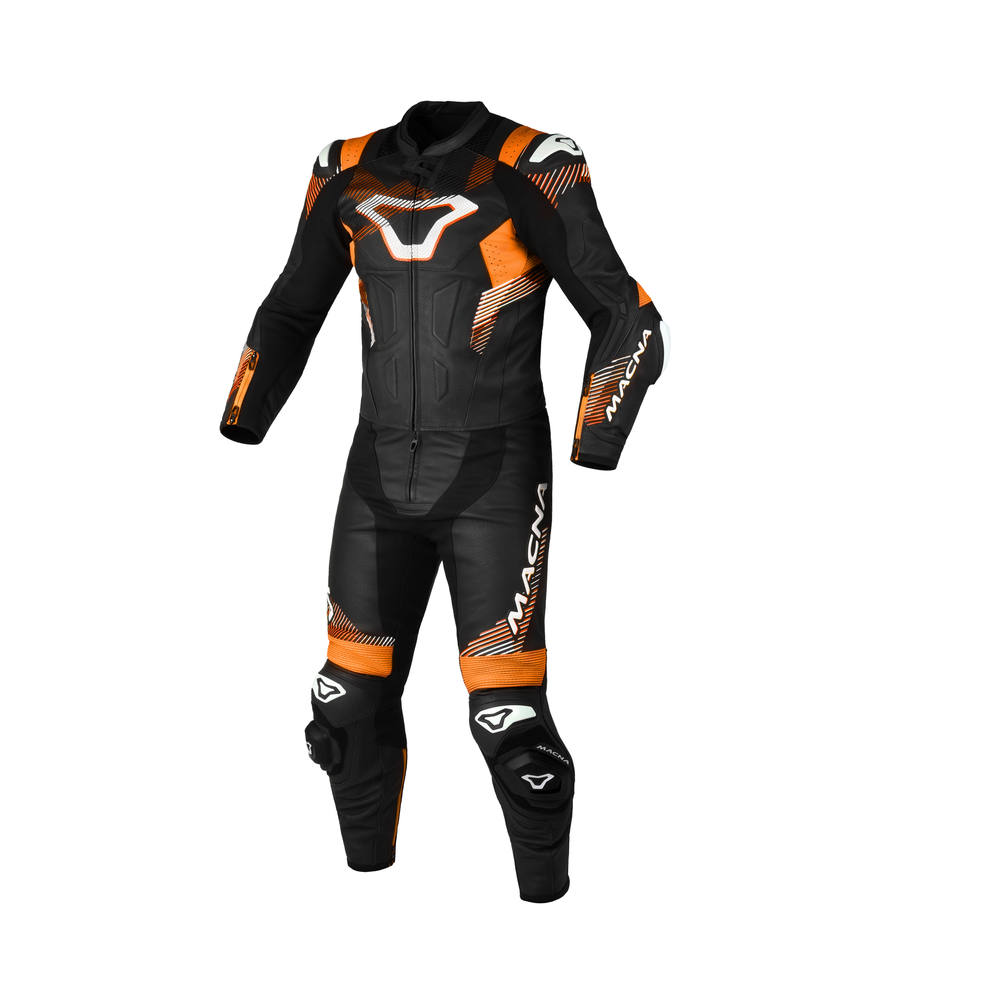 Macna Armadyl 2pc nera e arancione, divisibile, fronte con saponette al ginocchio
