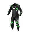 Macna Armadyl 2pc nera e verde, tuta divisibile in pelle traforata, fronte