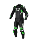 Macna Armadyl 2pc nera e verde, tuta divisibile in pelle traforata, fronte