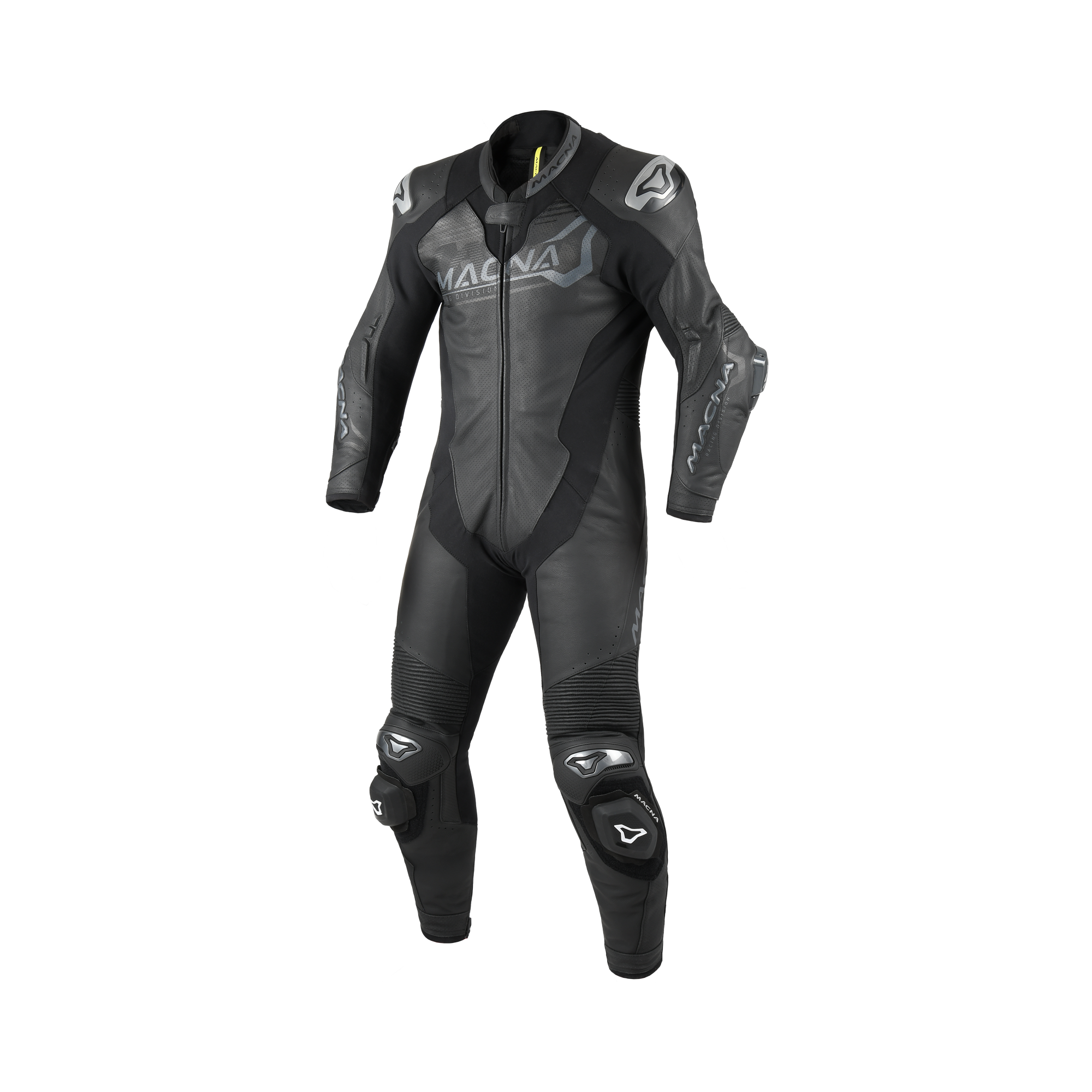 Macna Blitz 1pc 166.4213.101 tuta moto intera in pelle nera, vista frontale