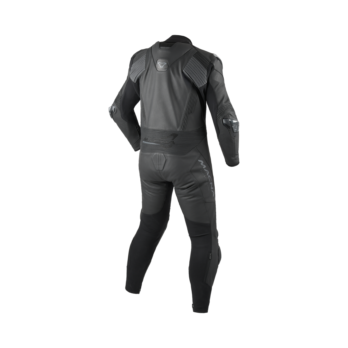 Tuta moto Macna Blitz 1pc nera con gobba sul retro, vista posteriore