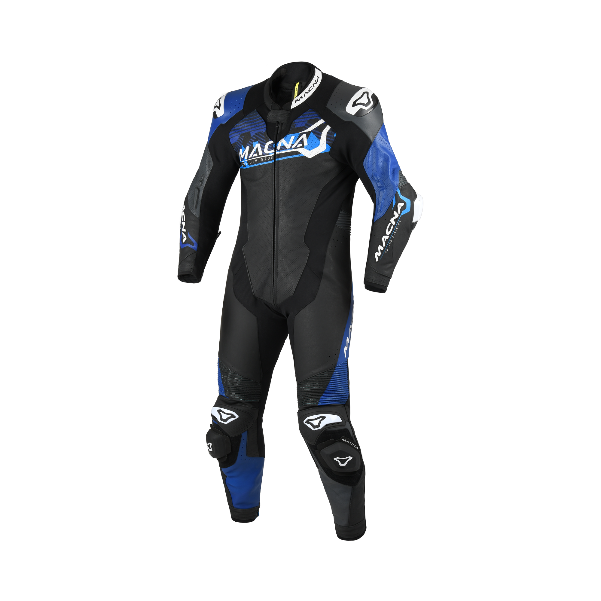 Macna Blitz 1pc 166.4213.152 tuta intera in pelle nera, blu e bianca, fronte