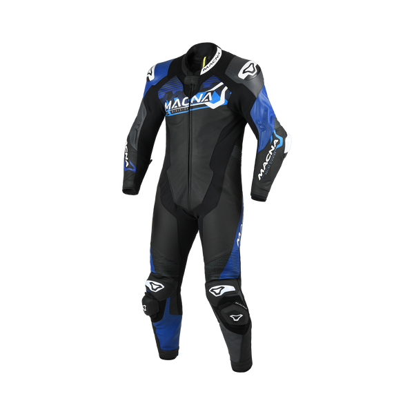 Macna Blitz 1pc 166.4213.152 tuta intera in pelle nera, blu e bianca, fronte