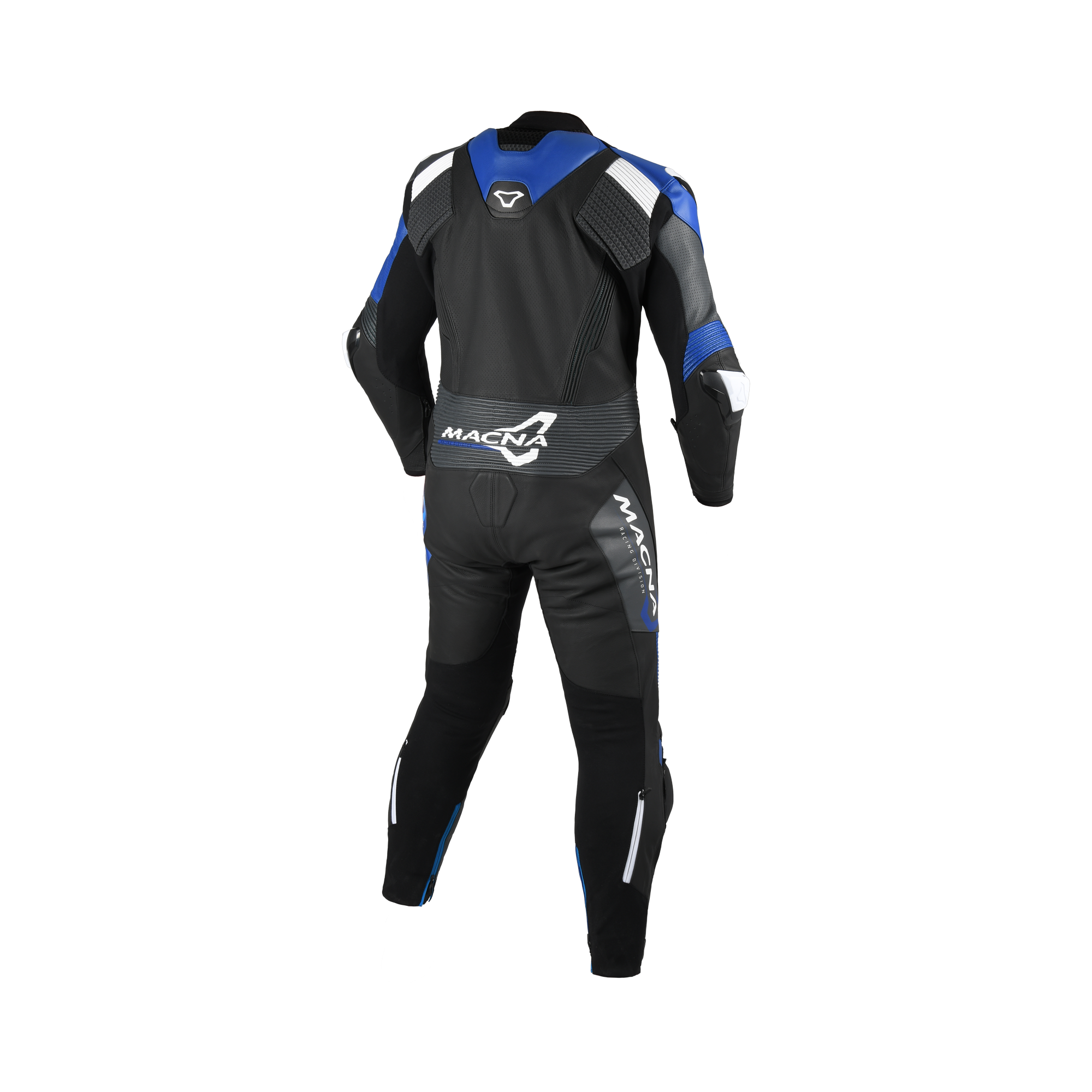 Tuta moto Macna Blitz 1pc nero blu bianco, vista posteriore con gobba