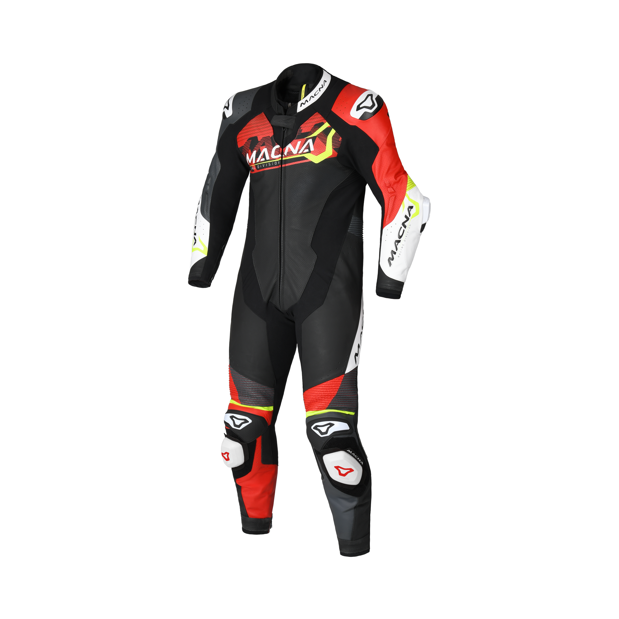 Macna Blitz 1pc 166.4213.137 tuta in pelle nera, rossa e giallo fluo, fronte