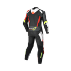 Tuta moto Macna Blitz 1pc nero rosso giallo fluo, vista posteriore con gobba