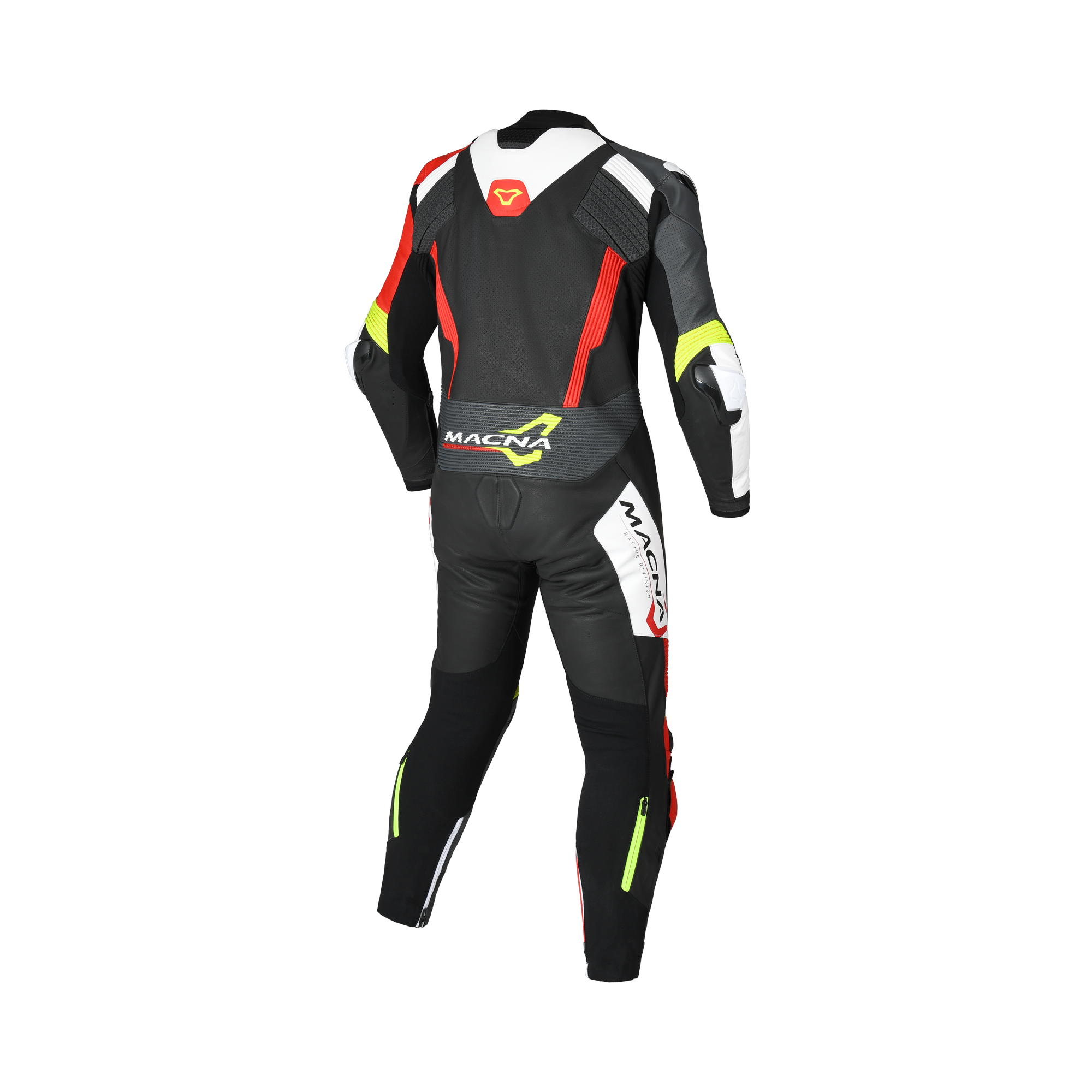 Tuta moto Macna Blitz 1pc nero rosso giallo fluo, vista posteriore con gobba