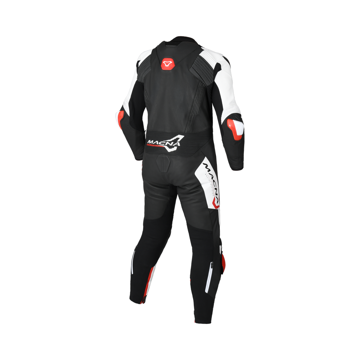 Tuta moto Macna Blitz 1pc nero bianco rosso, gobba e schiena, vista da dietro