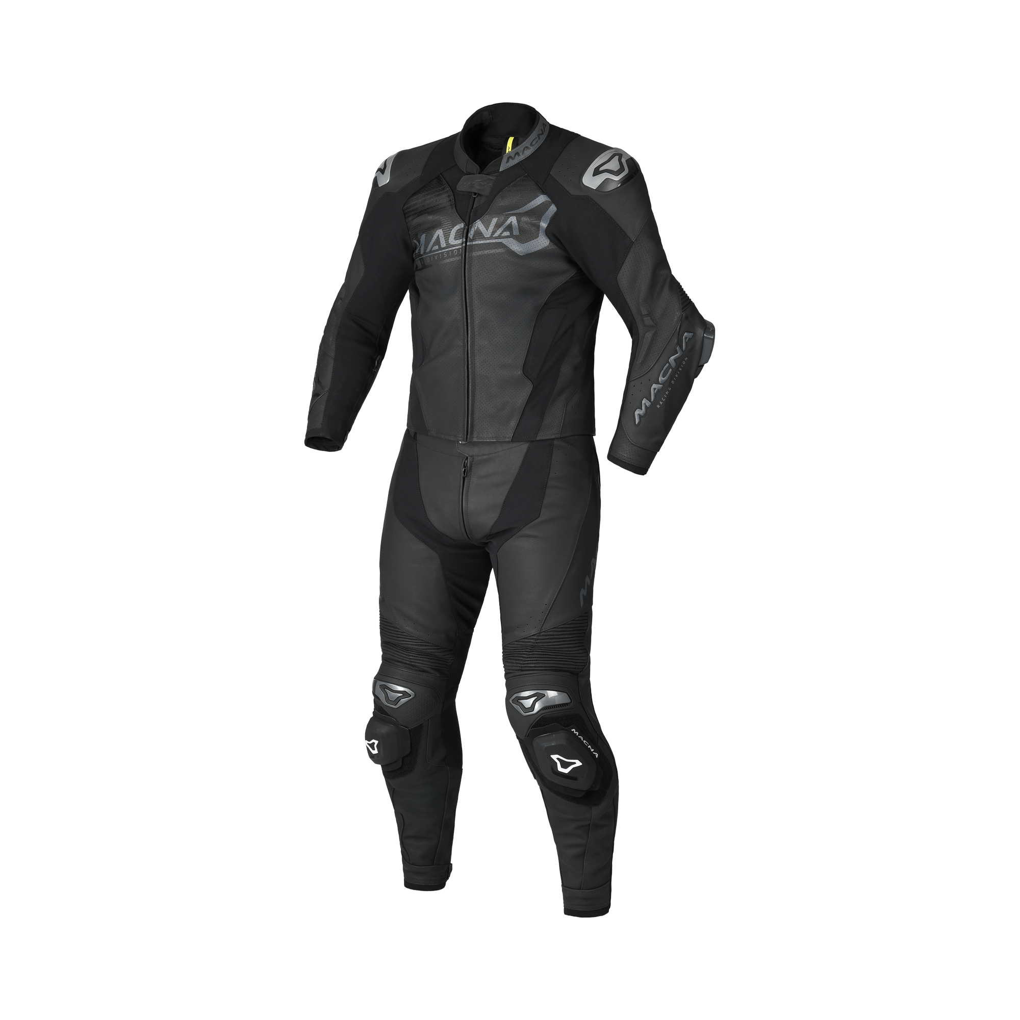 Macna Blitz 2pc 166.4110.101 tuta moto divisibile in pelle nera, vista frontale