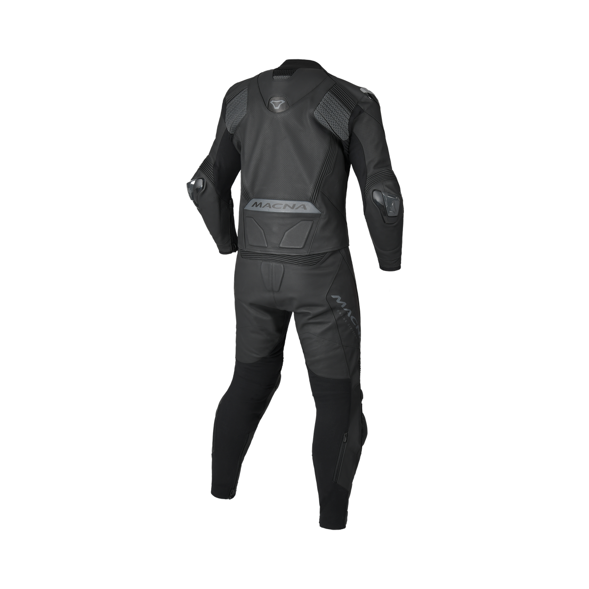 Tuta moto Macna Blitz 2pc nera in pelle, giacca e pantalone, vista posteriore